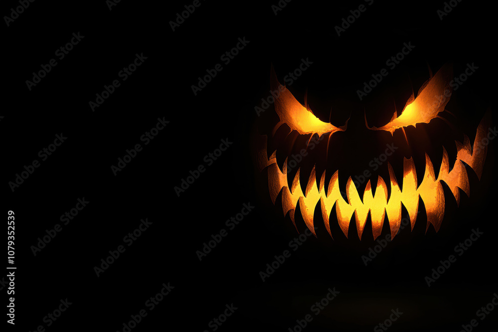 Scary Halloween jack-o'-lantern in darkness