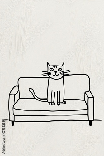 Line Art Cat Sitting Calmly on Couch, Simple and Elegant Home Decor