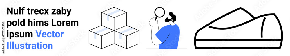 Stacked cubes, a person with a magnifying glass inspecting, and a sleek, futuristic sneaker in black lines and blue. Ideal for technology, research, innovation, design, modern concepts, future tech Stacked cubes, a person with a magnifying glass inspecting, and a sleek, futuristic sneaker in black lines and blue. Ideal for technology, research, innovation, design, modern concepts, future tech