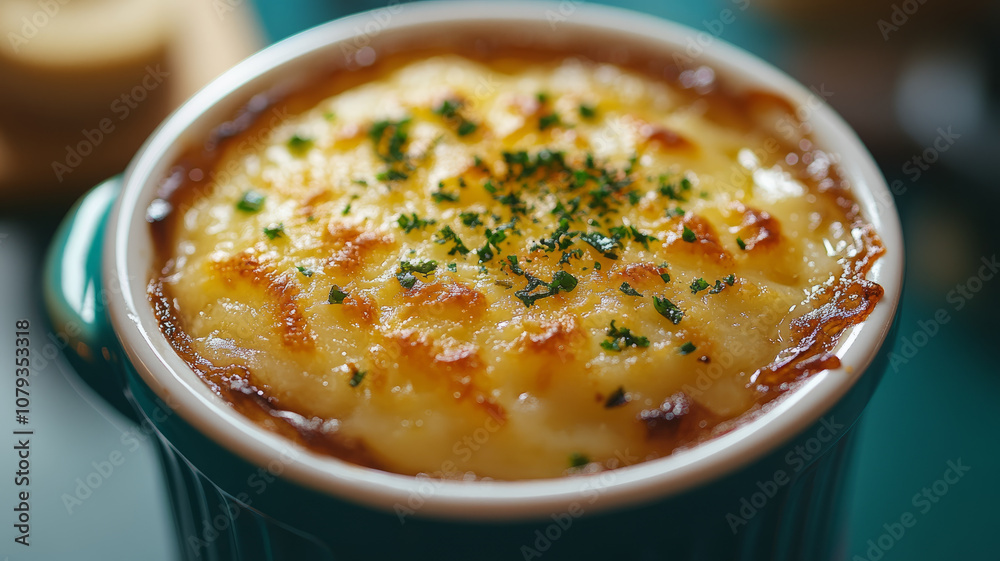 Baked French onion soup with melted cheese topping