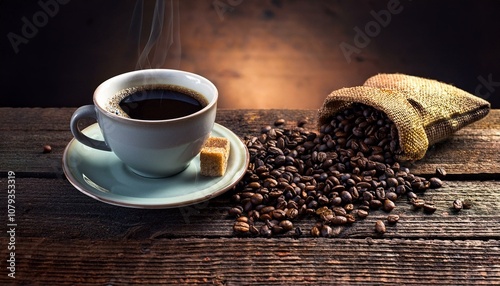 古い木製テーブルに置かれたコーヒーカップに入ったコーヒーとコーヒー豆（Coffee and coffee beans in a coffee cup on an old wooden table）
 photo