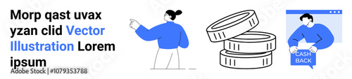 Person pointing at text block, stack of coins, and person holding cash back sign in a browser window. Ideal for financial services, online transactions, cashback promotions, marketing, business
