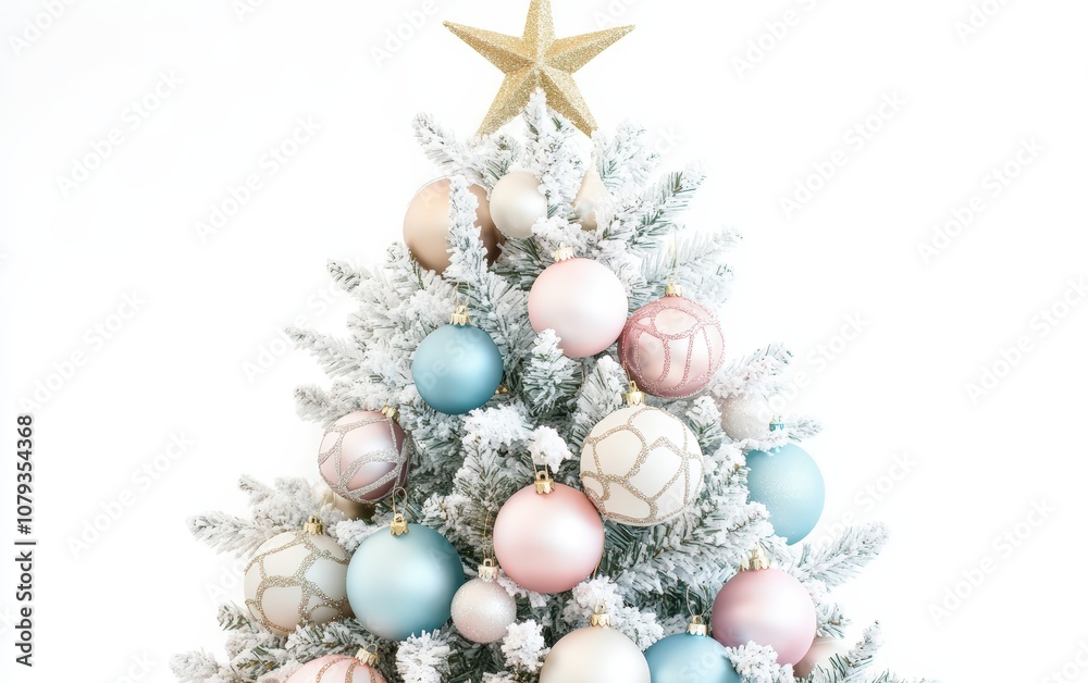 Elegant Christmas Tree with Pastel Ornaments: A classy tree adorned with soft pastel ornaments in pink, blue, and white, with a delicate golden star, Elegant Christmas Tree with Pastel Ornaments: A classy tree adorned with soft pastel ornaments in pink, blue, and white, with a delicate golden star,