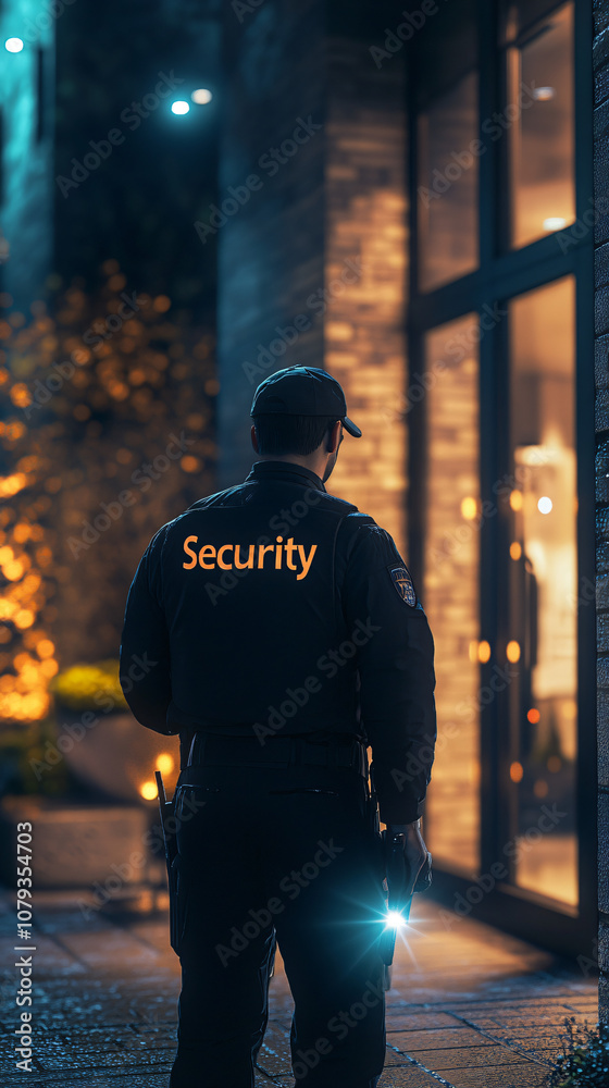 Security guard patrols a dark city street at night with a flashlight, providing safety and protection Security guard patrols a dark city street at night with a flashlight, providing safety and protection