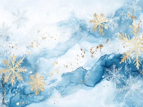 Winter abstract art featuring gold snowflakes and blue watercolor swirls