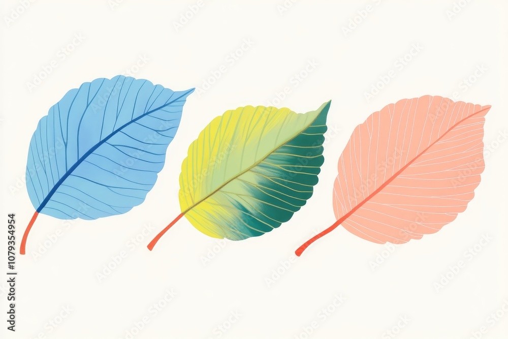 Illustration of three overlapping beech leaves showcasing the comparison of autumn leaf coloration