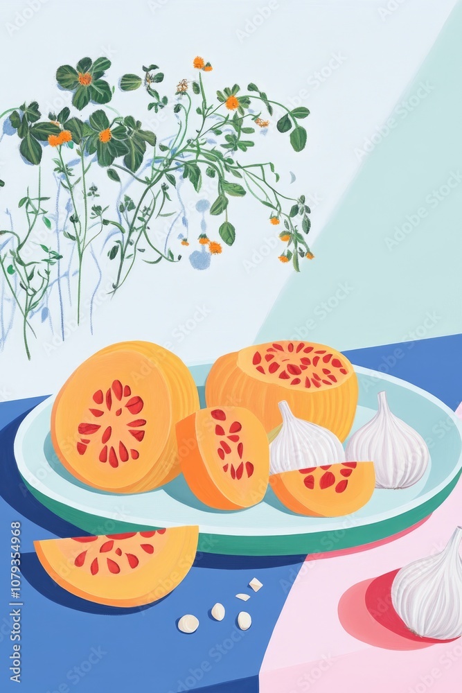 Coloring Book Illustration of Pumpkin Pieces with Onion Garlic and Thyme in a Baking Dish for Autumn Soup Preparation Healthy Vegan and Vegetarian Dishes Coloring Book Illustration of Pumpkin Pieces with Onion Garlic and Thyme in a Baking Dish for Autumn Soup Preparation Healthy Vegan and Vegetarian Dishes