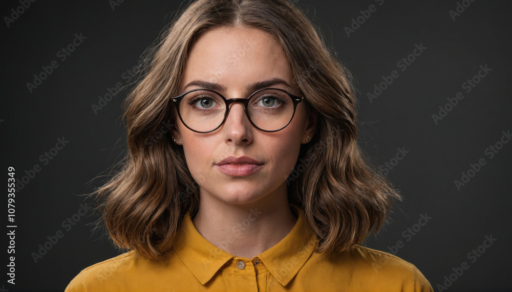 Obraz premium A woman with brown hair and glasses looks directly at the camera, wearing a yellow shirt against a gray background