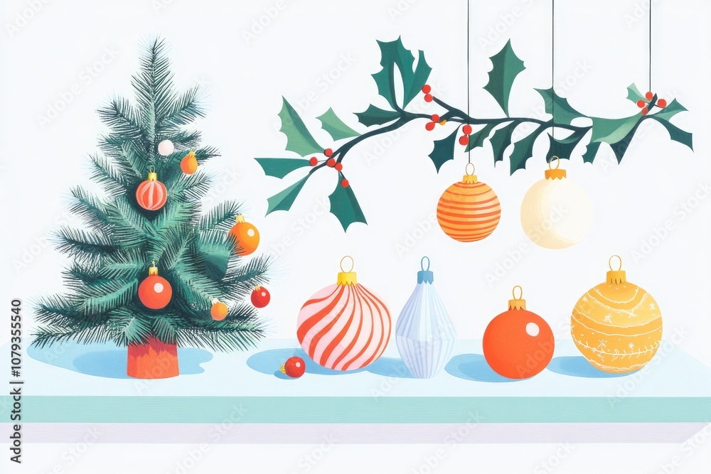 Playful Merry Christmas Scene with a Whimsical Paper Tree and Ornament Designs