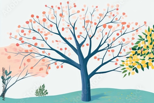 Illustration of a bare tree anticipating the arrival of summer and spring