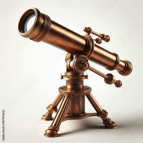 A bronze telescope mounted on a tripod against a w hite background. AI generated.