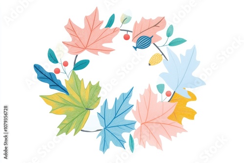 Illustration of a circular frame made of autumn leaves Rustic style wreath featuring maple leaves berries and branches Nature themed round border for a Thanksgiving design Simple and elegant circul photo