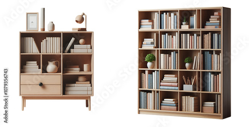 The image shows two wooden bookshelves isolated on transparent background, each with multiple compartments containing various objects.