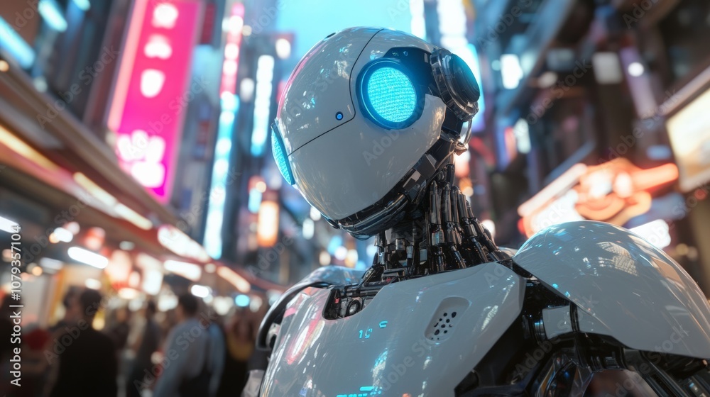 Futuristic robot with glowing blue eyes in a bustling city at night, showcasing advanced technology and urban life. Futuristic robot with glowing blue eyes in a bustling city at night, showcasing advanced technology and urban life.