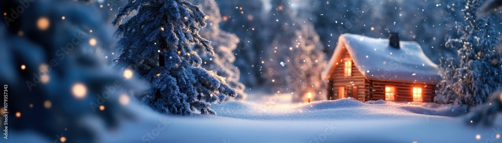 Holiday cabin in the woods with vibrant snow, soft lighting, cozy atmosphere, winter getaway Holiday cabin in the woods with vibrant snow, soft lighting, cozy atmosphere, winter getaway