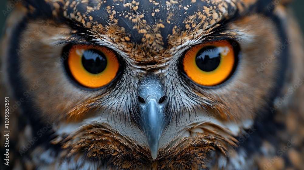 A close-up portrait of an owl's intense yellow eyes staring directly at the camera. A close-up portrait of an owl's intense yellow eyes staring directly at the camera.