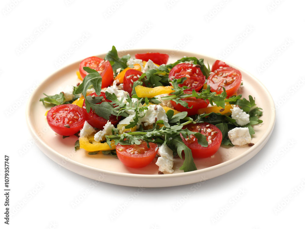 Tasty salad with arugula, cheese and vegetables isolated on white Tasty salad with arugula, cheese and vegetables isolated on white