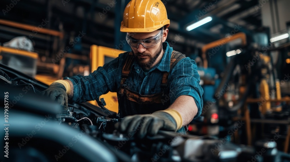 Worker in hard hat repairing machinery in an industrial setting. Worker in hard hat repairing machinery in an industrial setting.