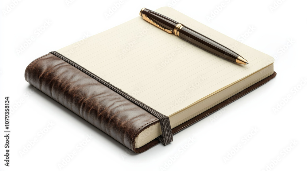 A blank notebook with a smooth leather cover and a fancy pen, ready for creative ideas A blank notebook with a smooth leather cover and a fancy pen, ready for creative ideas