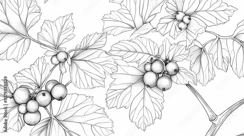 Fototapeta premium Beautiful currant leaf line art floral drawing black and white illustration with beautiful botanical berry. Botanical. Illustration