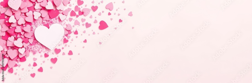 Pink heart confetti splash design with white heart cutout, background, abstract Pink heart confetti splash design with white heart cutout, background, abstract