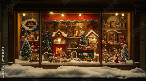 Christmas toy store window display with wooden toys and snowy decor