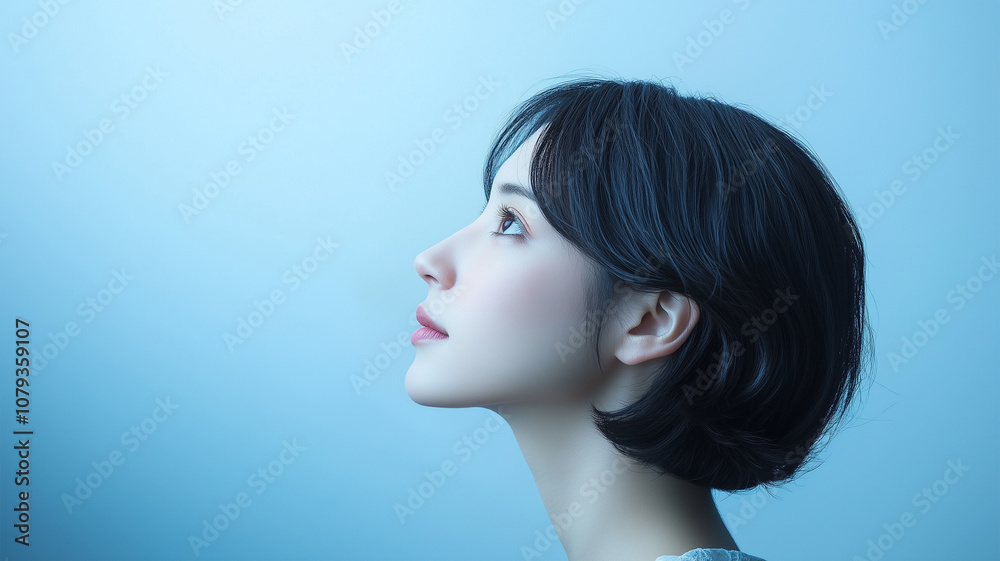 青い背景で夢見る日本人女性の横顔 青い背景で夢見る日本人女性の横顔