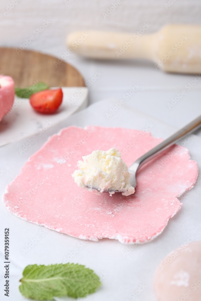 Dough for tasty homemade mochi and cream on table, closeup Dough for tasty homemade mochi and cream on table, closeup