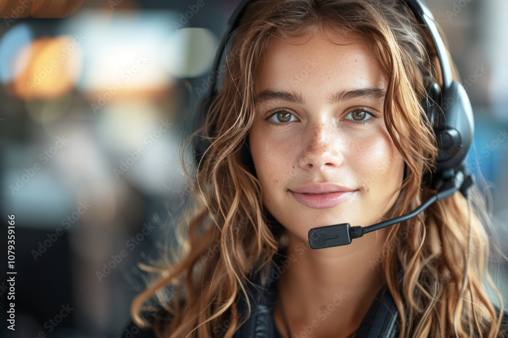 Portrait of smiling female customer support phone operator at workplace Portrait of smiling female customer support phone operator at workplace