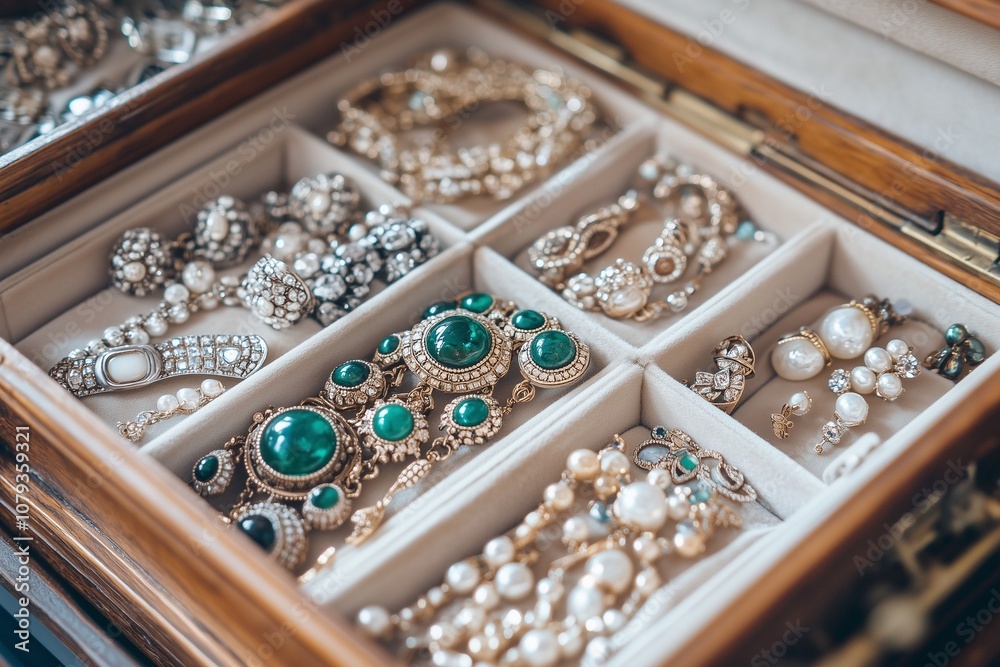 A detailed shot of an open jewelry box filled with antique rings, necklaces, and brooches, each telling its own story A detailed shot of an open jewelry box filled with antique rings, necklaces, and brooches, each telling its own story