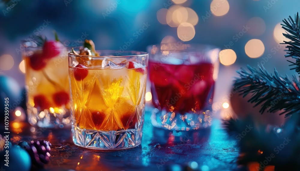 Holiday season cocktails with vibrant drinks, sleek glassware, soft glow, cozy party setup Holiday season cocktails with vibrant drinks, sleek glassware, soft glow, cozy party setup