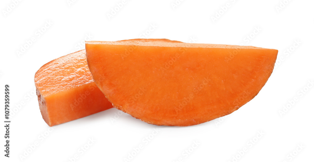 Pieces of raw sweet potato isolated on white Pieces of raw sweet potato isolated on white