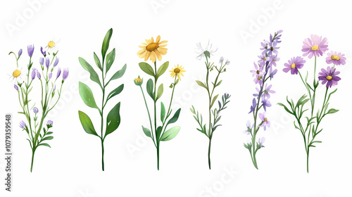 Beautiful floral set with watercolor hand drawn summer wild field flowers. stock illustration. clip art. Botanical. Illustration