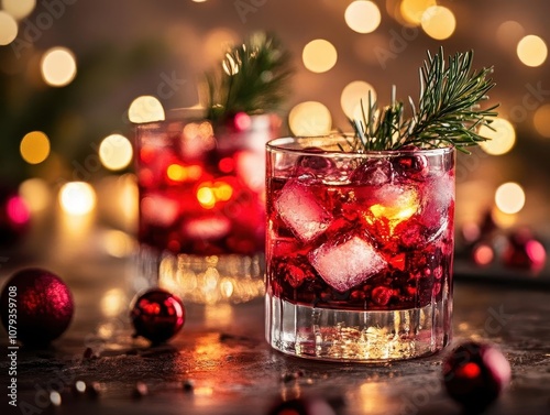 Holiday season drinks with vibrant cocktails, sleek glassware, soft lighting, festive atmosphere