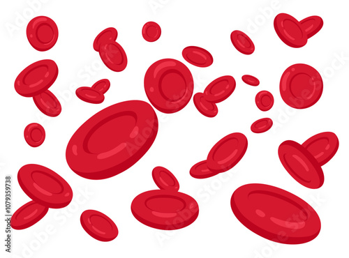 Vector illustration of flowing erythrocytes (red blood cells) on white background	
