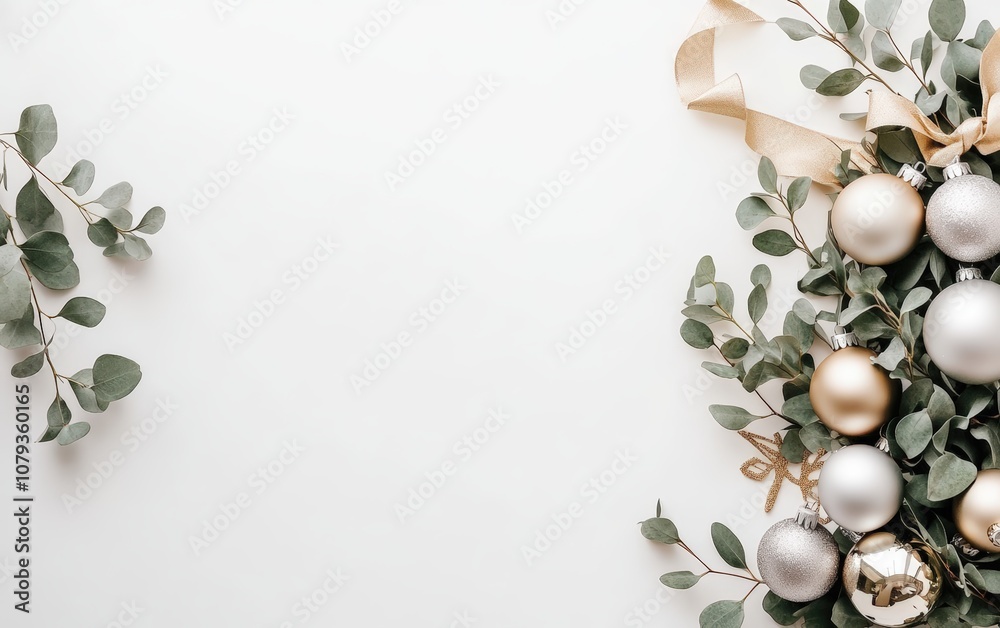 Elegant Wreath with Silver and Gold Ornaments: A modern holiday wreath featuring silver and gold ornaments, eucalyptus leaves, and a simple gold ribbon on a white background Elegant Wreath with Silver and Gold Ornaments: A modern holiday wreath featuring silver and gold ornaments, eucalyptus leaves, and a simple gold ribbon on a white background