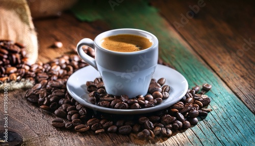 古い木製テーブルに置かれたエスプレッソとコーヒー豆（Espresso and coffee beans on an old wooden table） 