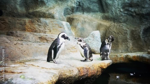 Three penguins standing on rock ledge in zoo enclosure