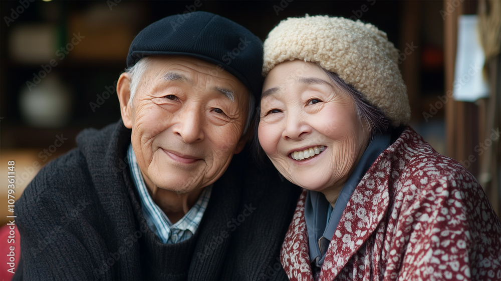 日本の伝統的な装いで微笑む高齢夫婦 日本の伝統的な装いで微笑む高齢夫婦