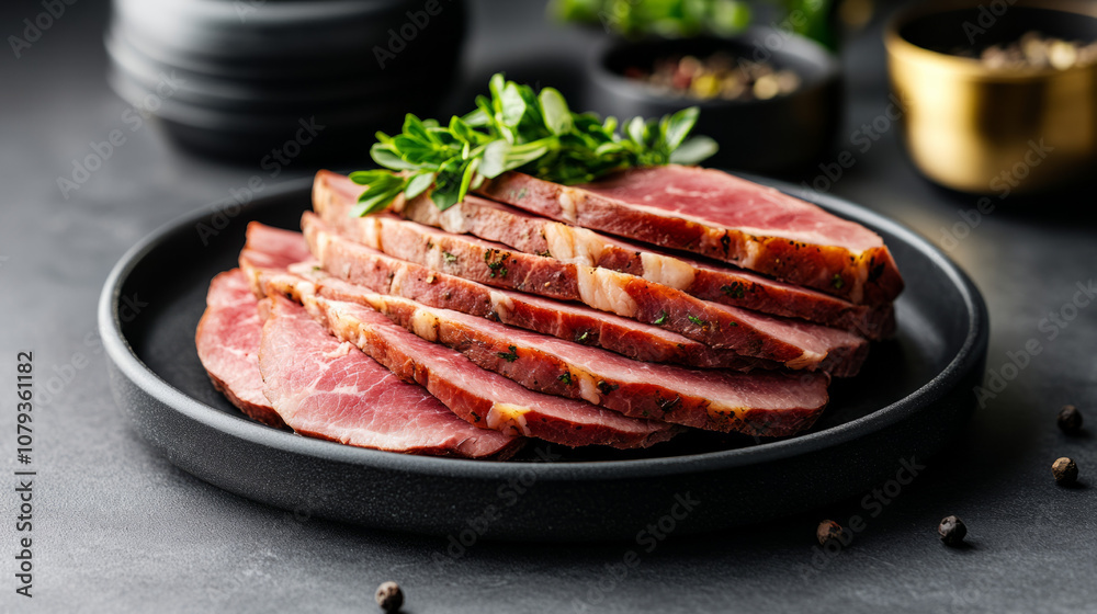 Freshly sliced cured meat garnished with herbs on a black plate