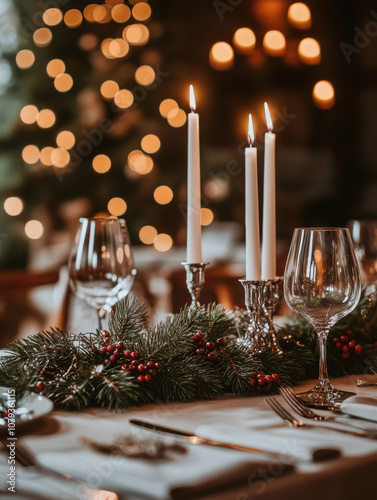 Festive winter wedding table setting with pine and berry garland, candlelight, and a cosy atmosphere for a memorable celebration.