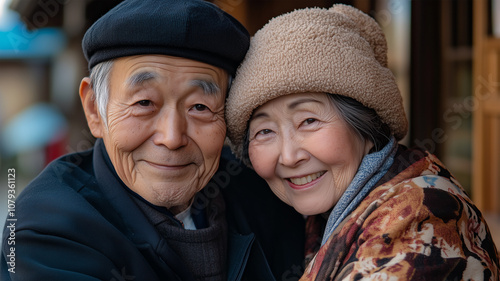 日本の伝統的な装いで微笑む高齢夫婦