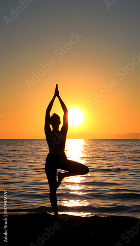 Yoga silhouette at sunset on the sea shore. Calm and self-control isolated with white highlights, png