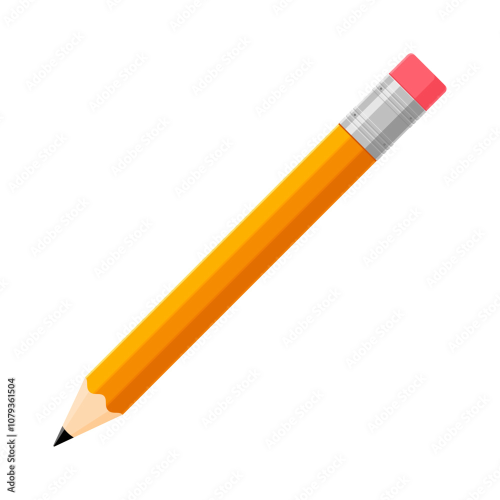 Yellow HB pencil with pink eraser. Writing, drawing, and stationery concept. Flat vector illustration isolated on a white background Yellow HB pencil with pink eraser. Writing, drawing, and stationery concept. Flat vector illustration isolated on a white background