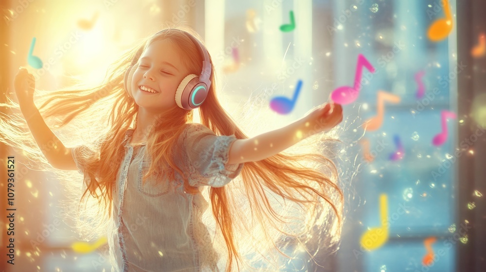 Naklejka premium A joyful girl dances with headphones, surrounded by colorful music notes and warm sunlight, capturing a moment of pure happiness.