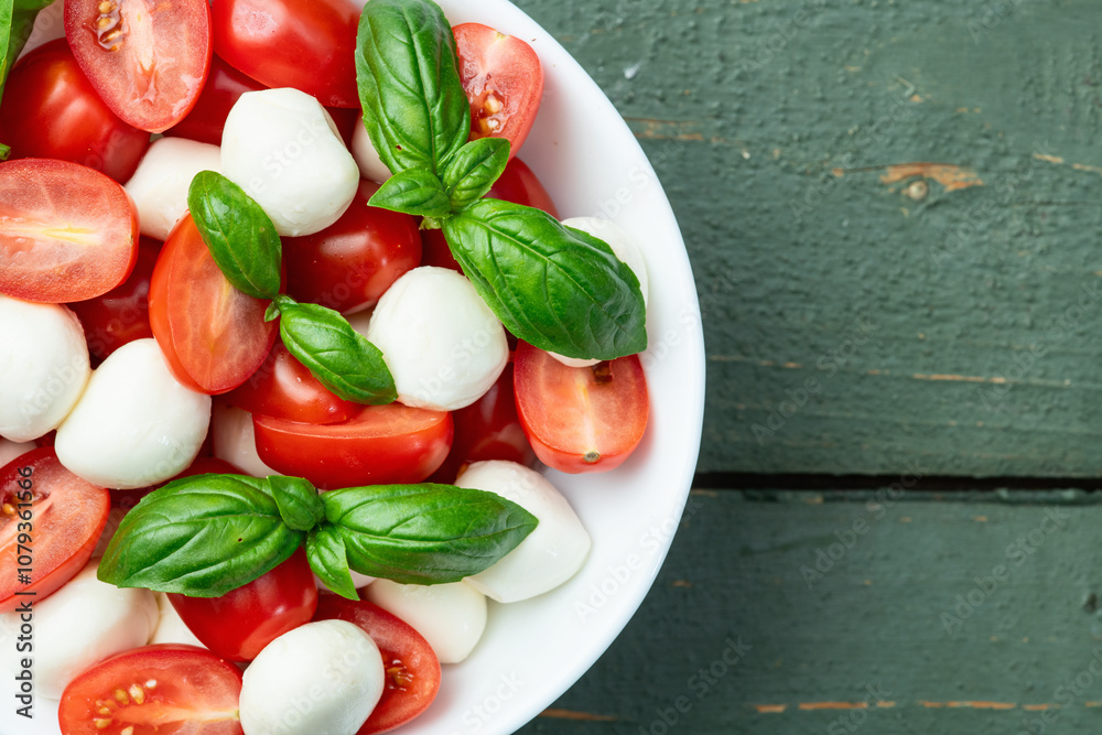 Basil leaves , cherry tomatoes and mozzarella cheese . In bowl food photography