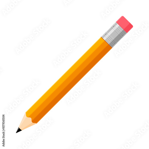 Yellow HB pencil with pink eraser. Writing, drawing, and stationery concept. Flat vector illustration isolated on a white background