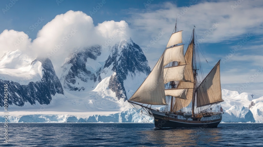 Fototapeta premium Sailing vessel moving through frigid waters surrounded by breathtaking snow capped mountains