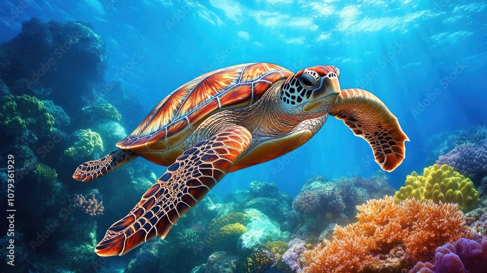 Obraz premium Adorable large sea turtle swimming through a vibrant coral reef against a blue backdrop Aquatic creature marine habitat Vulnerable or at risk species