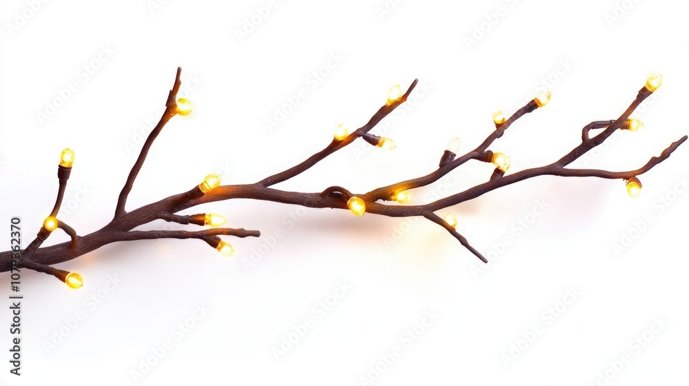 Warm hued Christmas lights entwined on a tree branch displayed against a simple white backdrop to highlight their inviting glow Warm hued Christmas lights entwined on a tree branch displayed against a simple white backdrop to highlight their inviting glow